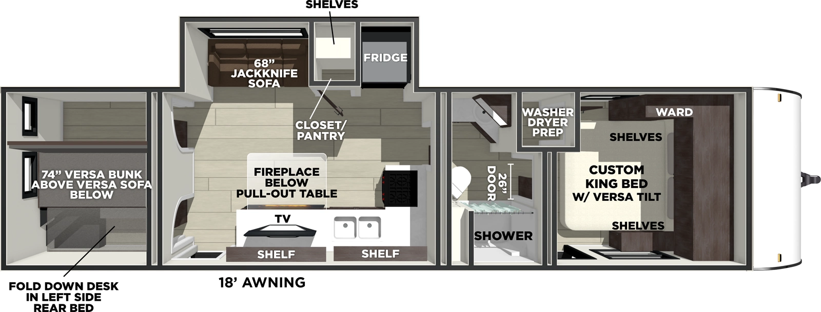 The Salem 300ICE floorplan has two entries and one slide out. Exterior features include: metal or fiberglass exterior and 18' awning. Interiors features include: bunk beds, front bedroom and pass through bathroom.